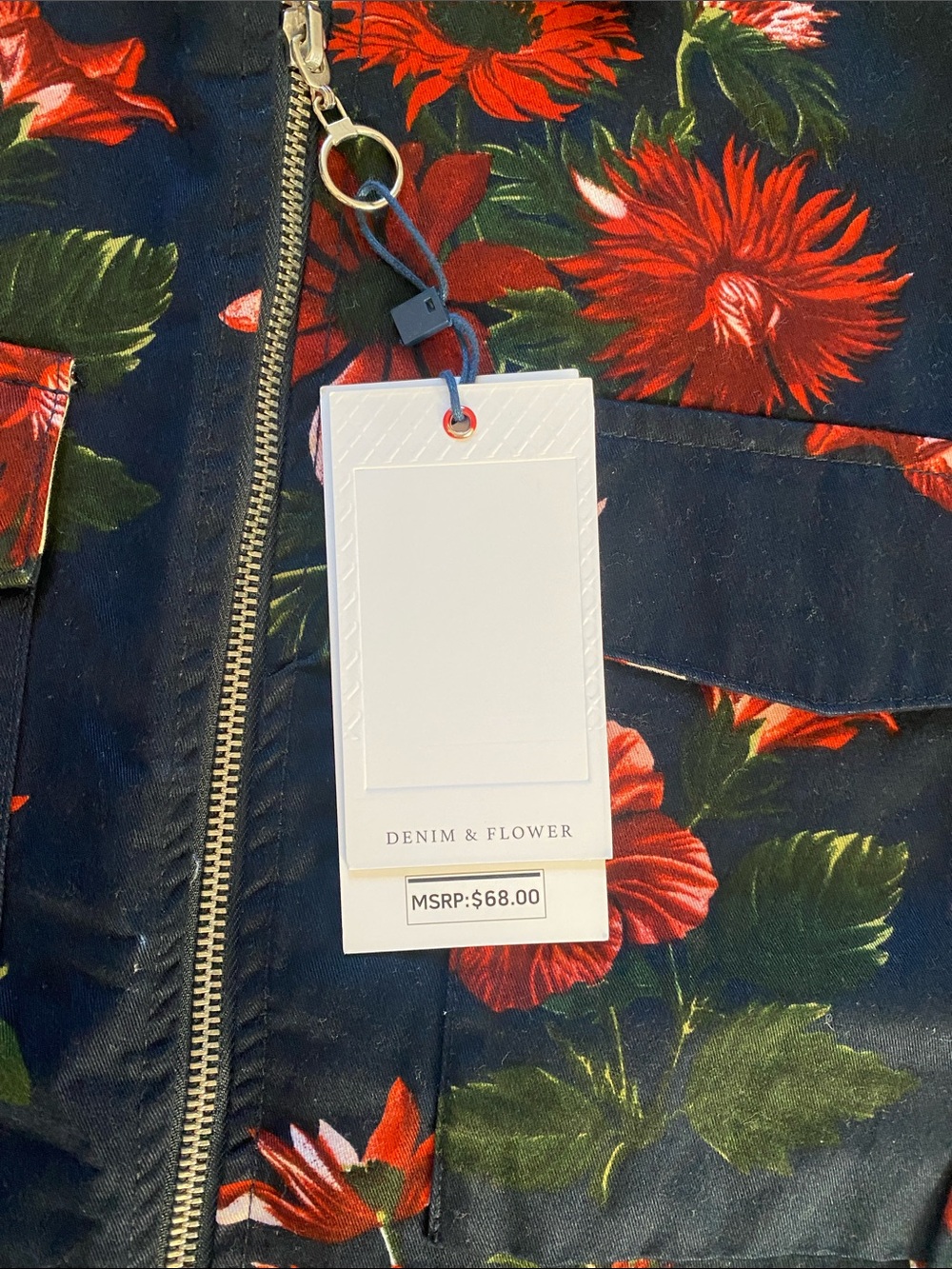 Denim & Flower Navy Floral Zip-Up Utility Jacket with Red & White Blooms - Picture 2 of 5